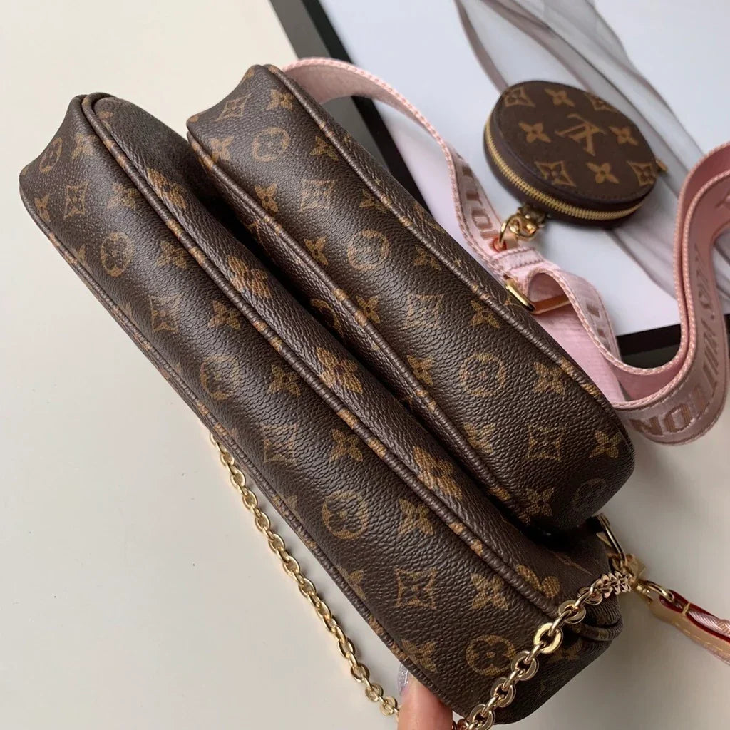 Crossbody Pouch Set in Brown Printed Canvas with Pink Strap, image 4