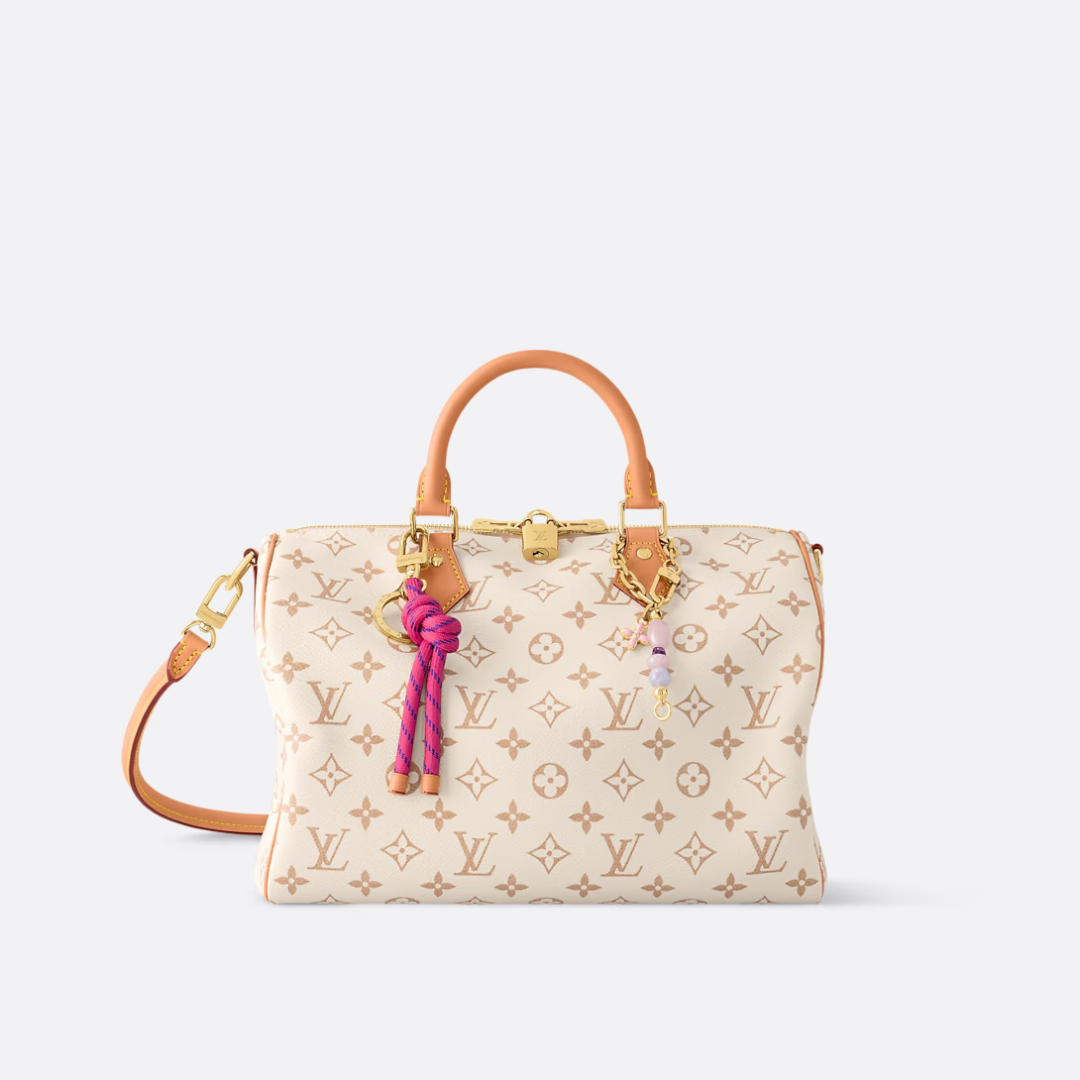 Top Handle Bag in Cream Printed Canvas with Pink Knot Charm