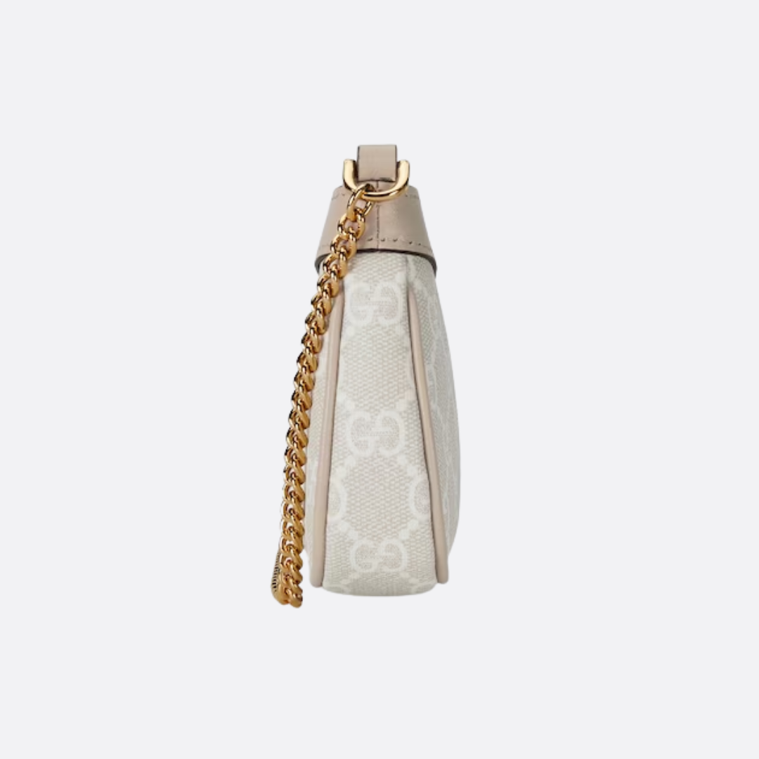 Mini Shoulder Bag in Beige Coated Canvas with Gold Chain, image 7