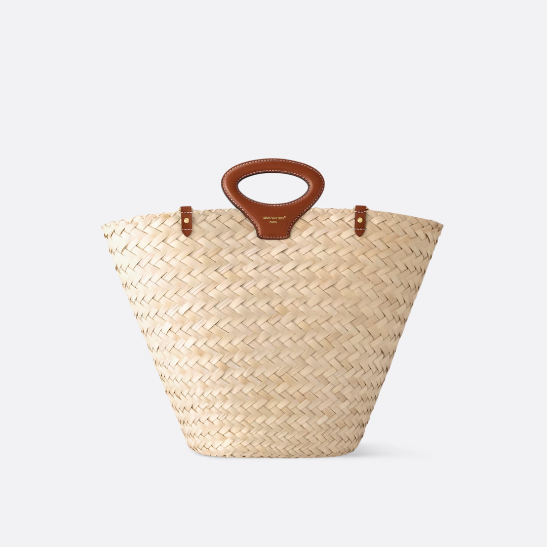 Woven Palm Basket Tote Bag with Tan Leather Handle, image 8
