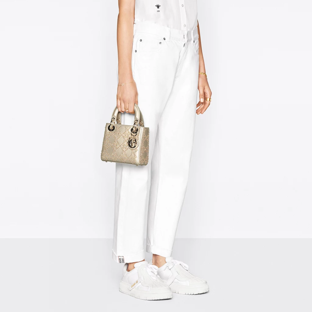 Mini Top Handle Bag in Champagne Quilted Leather with Studs, image 2