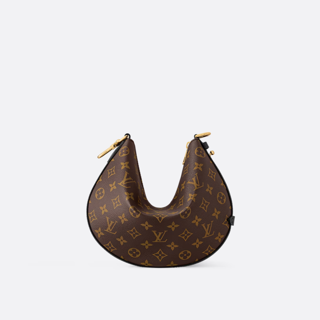 Crescent Shoulder Bag in Brown Printed Canvas with Gold Chain, image 11