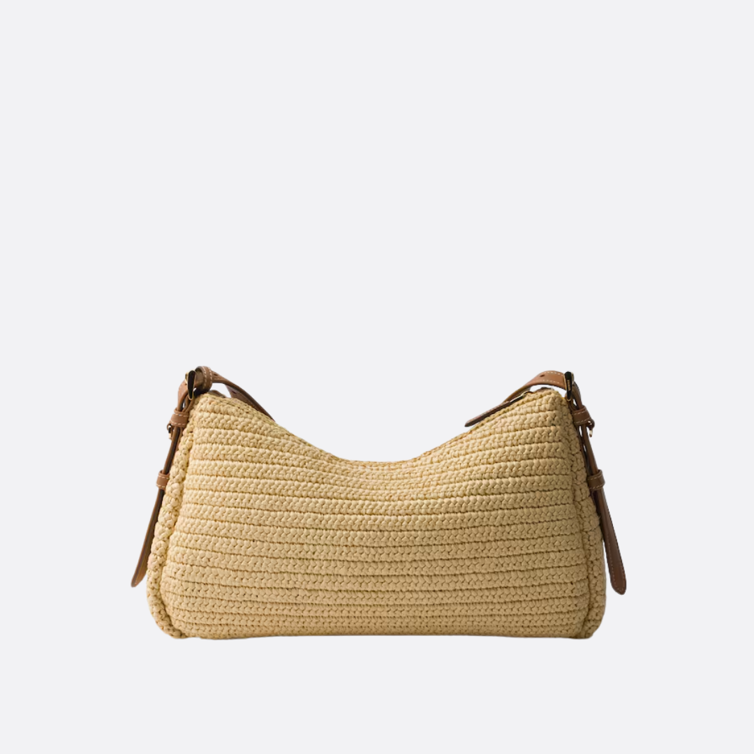 Shoulder Bag in Natural Crocheted Raffia with Tan Leather Trim, image 6