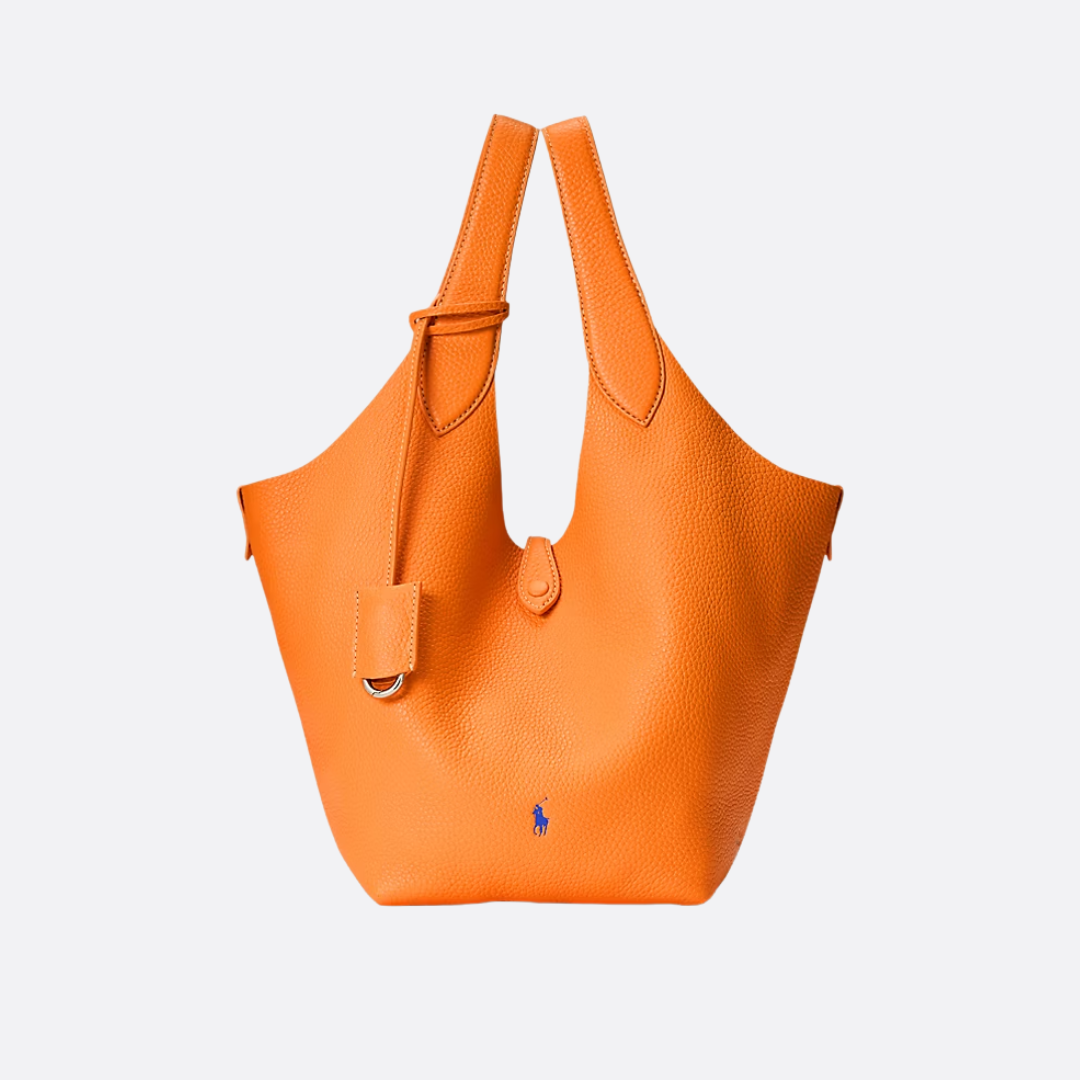 Small Bucket Tote Bag in Grained Leather with Tab Closure, image 11