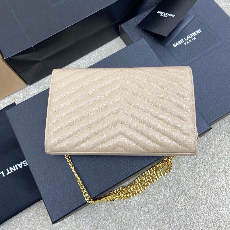 Envelope Chain Wallet in Taupe Chevron Quilted Grained Leather, image 6