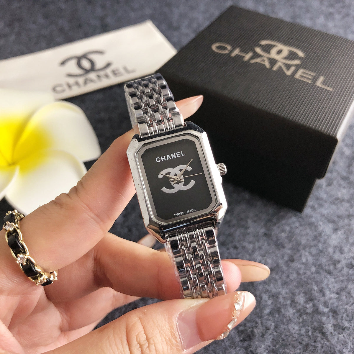 Rectangular Link Watch in Rose Gold and Silver with Black Dial, image 5