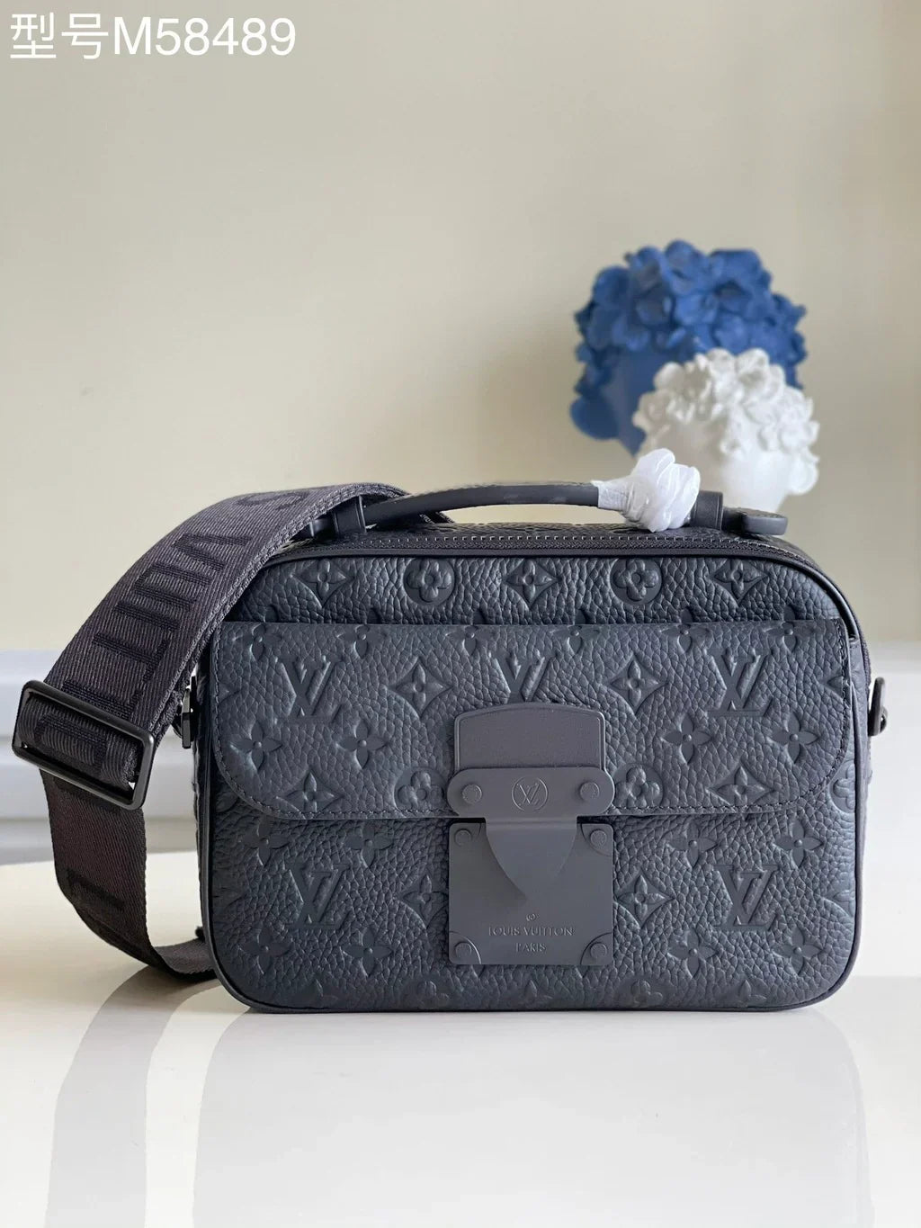 Boxy Crossbody Bag in Gray Embossed Leather with Top Handle, image 2