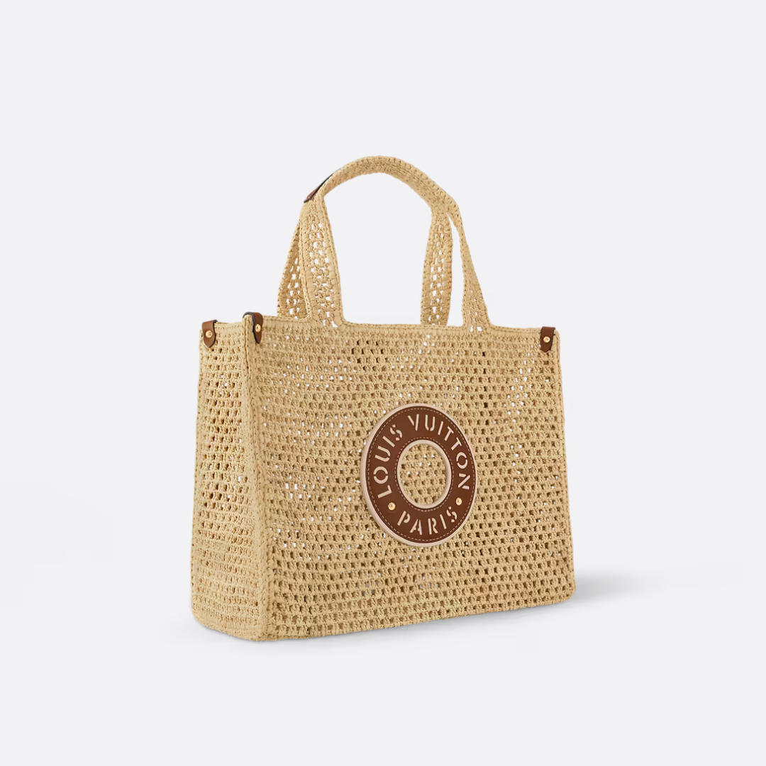 Open-Weave Raffia Tote Bag with Round Brown Patch, image 4