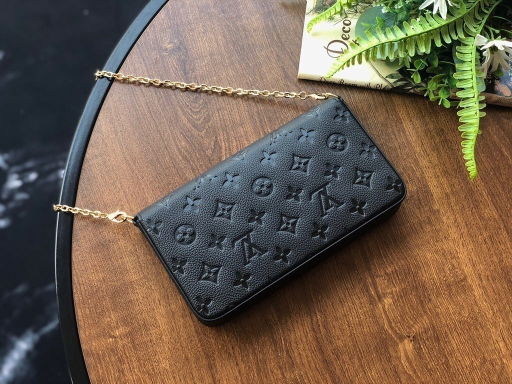 Flat Crossbody Clutch in Black Embossed Leather with Gold Chain