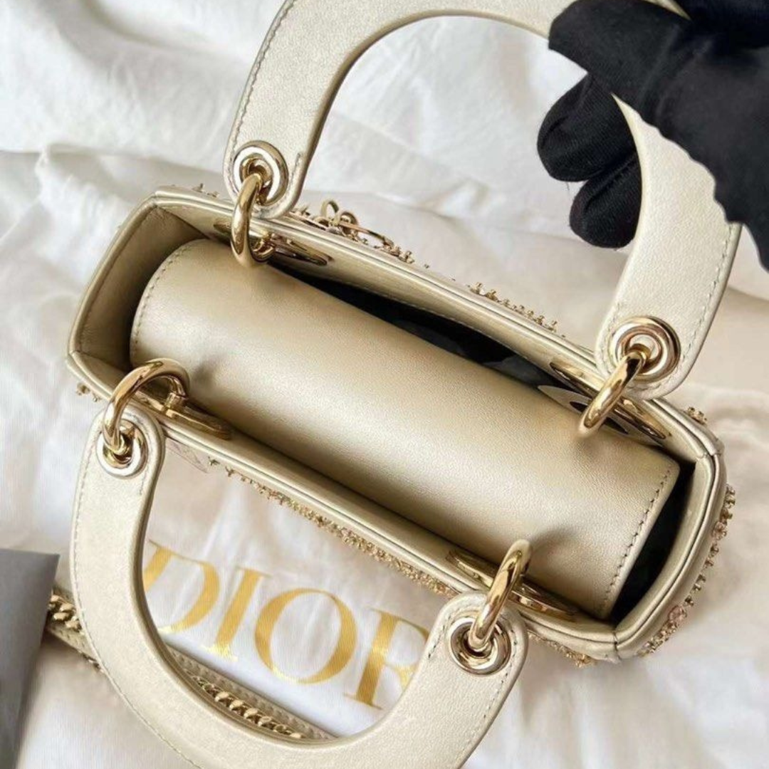 Mini Top Handle Bag in Champagne Quilted Leather with Studs, image 5