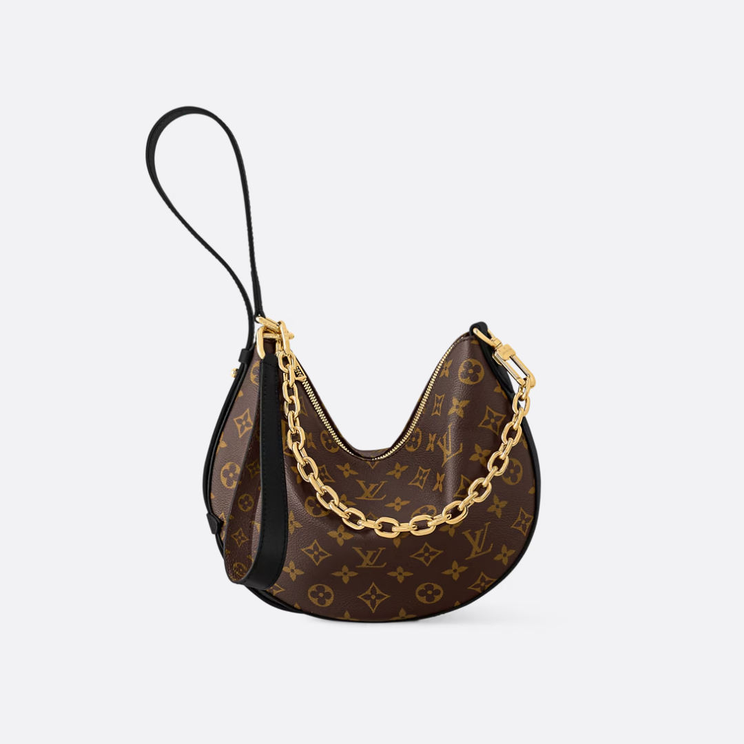 Crescent Shoulder Bag in Brown Printed Canvas with Gold Chain, image 8