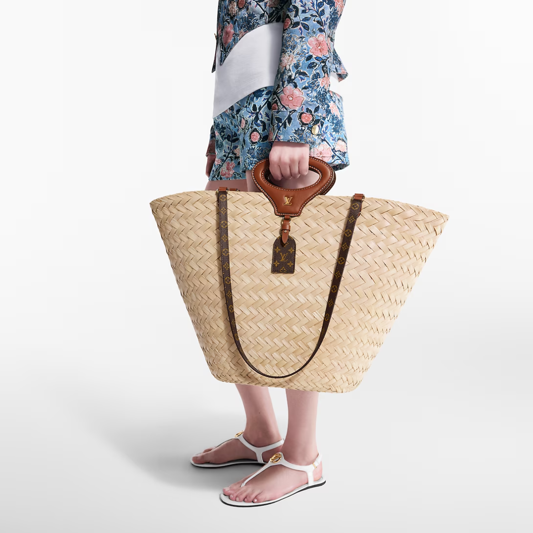 Woven Palm Basket Tote Bag with Tan Leather Handle, image 9