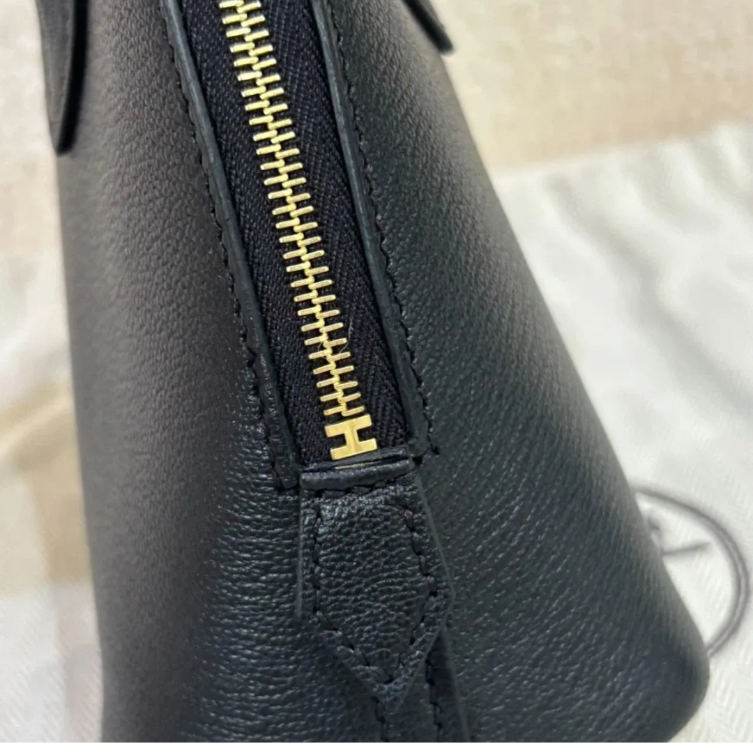 Domed Top Handle Bag in Black Leather with Striped Strap, image 3