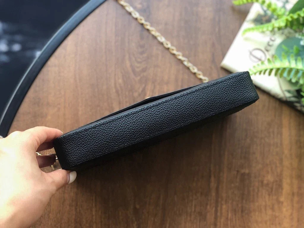 Flat Crossbody Clutch in Black Embossed Leather with Gold Chain, image 6