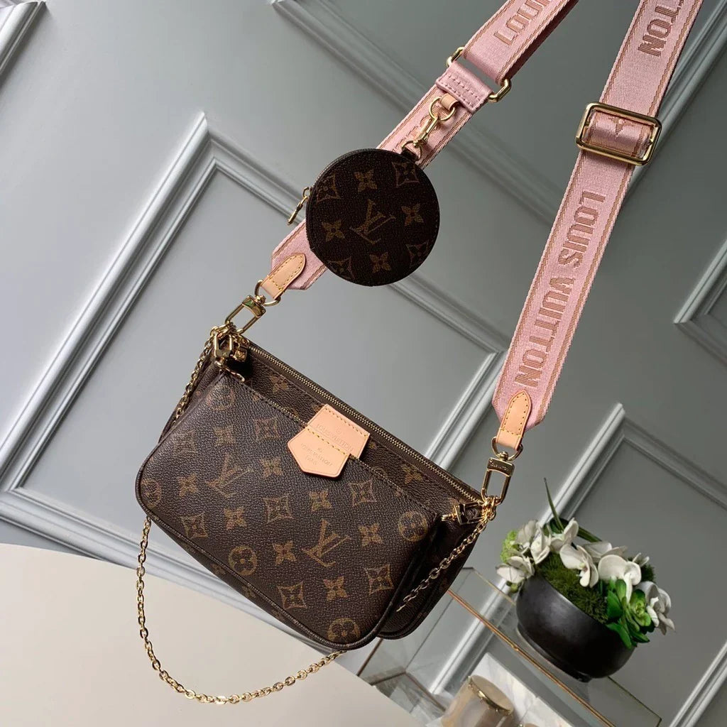 Crossbody Pouch Set in Brown Printed Canvas with Pink Strap