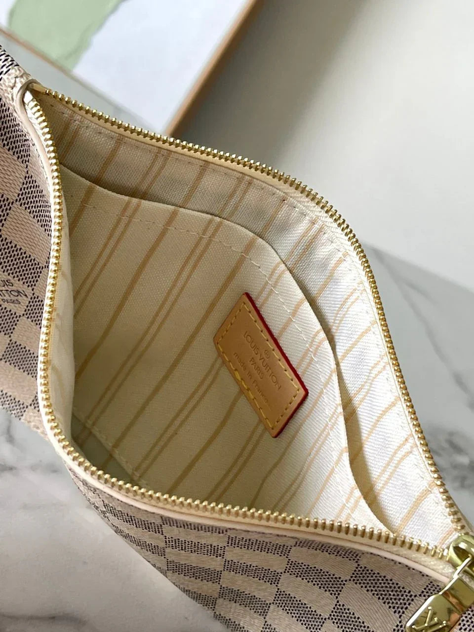 Large Open Tote in Cream Checkered Canvas with Tan Trim, image 5