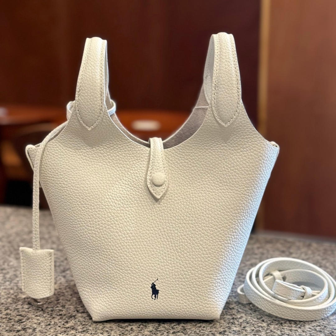 Small Bucket Tote Bag in Grained Leather with Tab Closure, image 4