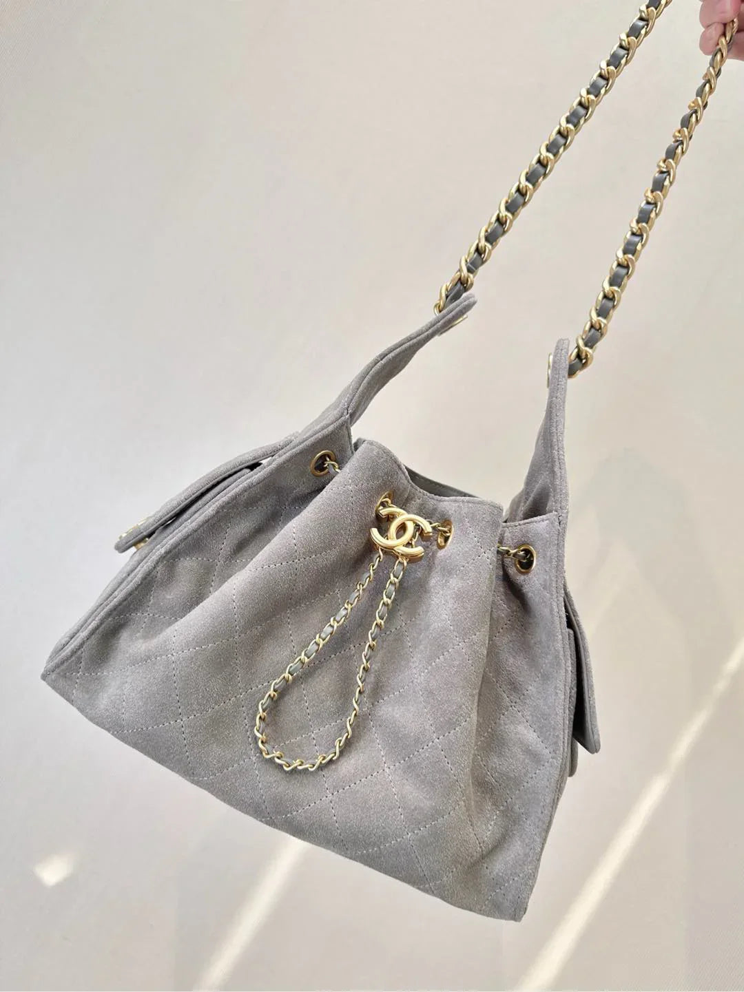 Bucket Bag in Gray Suede with Gold Chain Handles, image 5