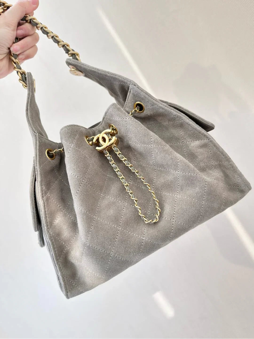 Bucket Bag in Gray Suede with Gold Chain Handles, image 4
