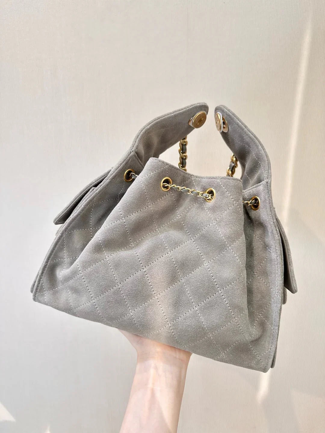 Bucket Bag in Gray Suede with Gold Chain Handles, image 3