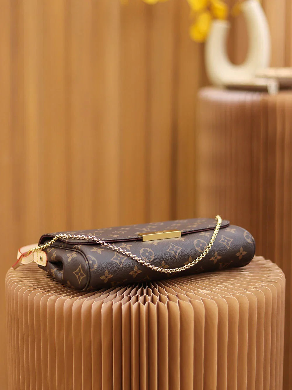 Curved Flap Crossbody in Brown Printed Canvas with Gold Chain, image 5