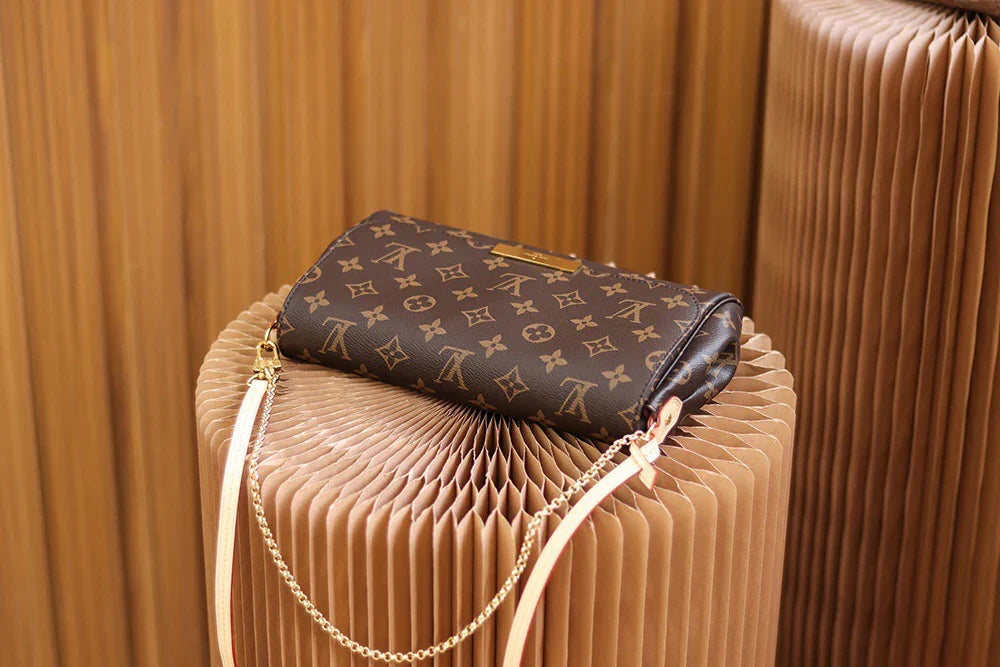 Curved Flap Crossbody in Brown Printed Canvas with Gold Chain, image 6