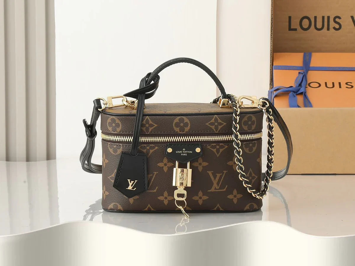 Vanity Case Bag in Brown Coated Canvas with Gold Chain