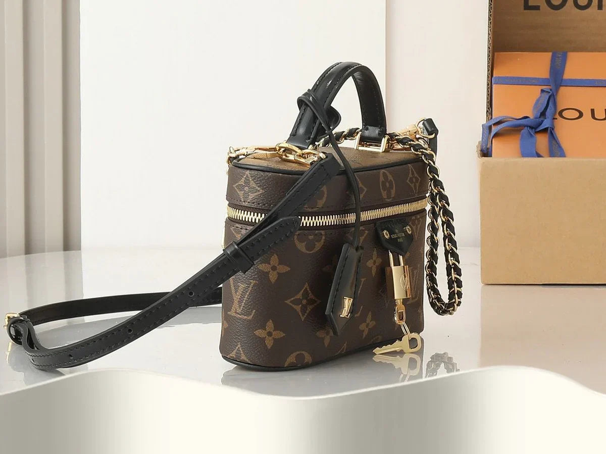 Vanity Case Bag in Brown Coated Canvas with Gold Chain, image 2