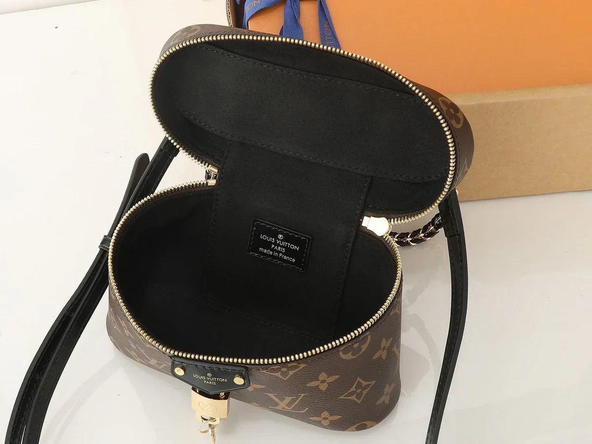 Vanity Case Bag in Brown Coated Canvas with Gold Chain, image 5