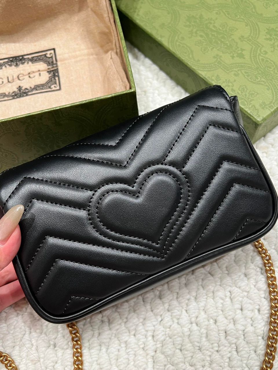 Mini Flap Bag in Black Chevron Quilted Leather with Gold Chain, image 6
