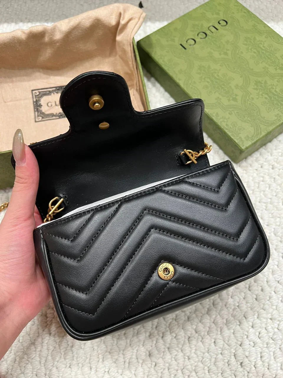 Mini Flap Bag in Black Chevron Quilted Leather with Gold Chain, image 7