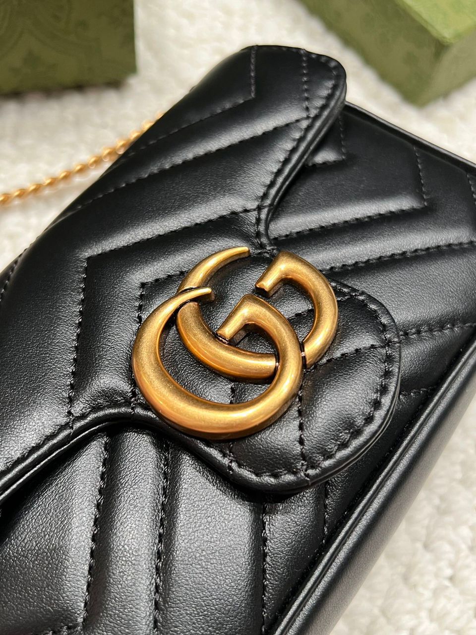 Mini Flap Bag in Black Chevron Quilted Leather with Gold Chain, image 4