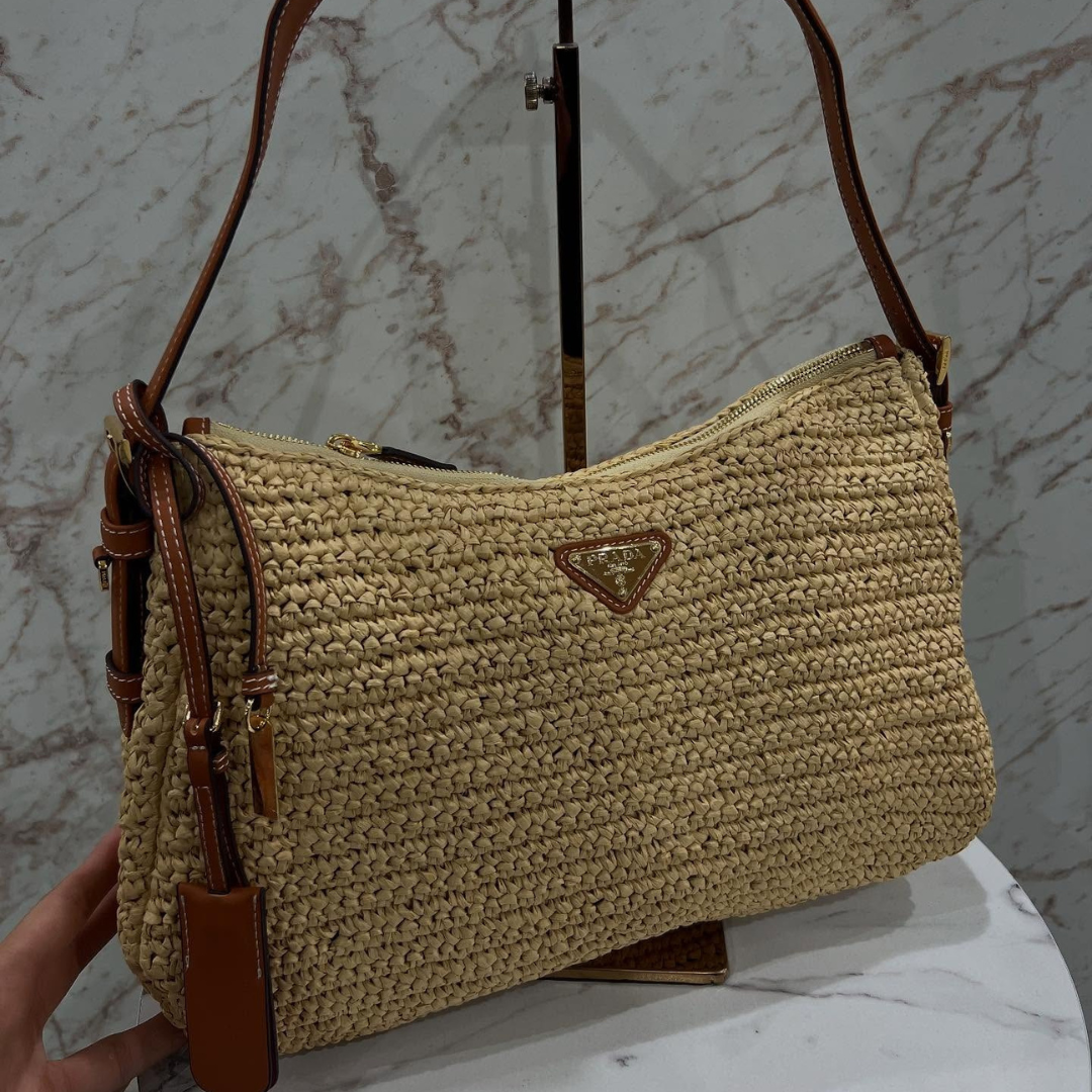 Shoulder Bag in Natural Crocheted Raffia with Tan Leather Trim, image 7