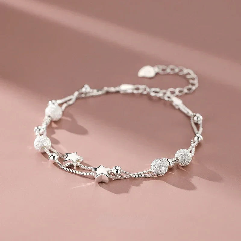 Silver Double Chain Bracelet with Stars and Frosted Beads