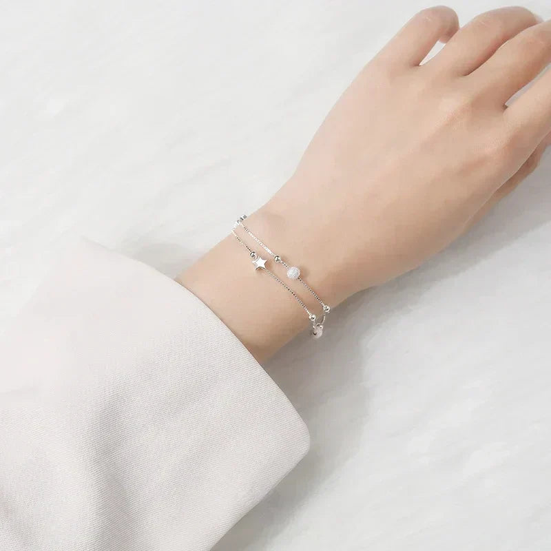Silver Double Chain Bracelet with Stars and Frosted Beads, image 3