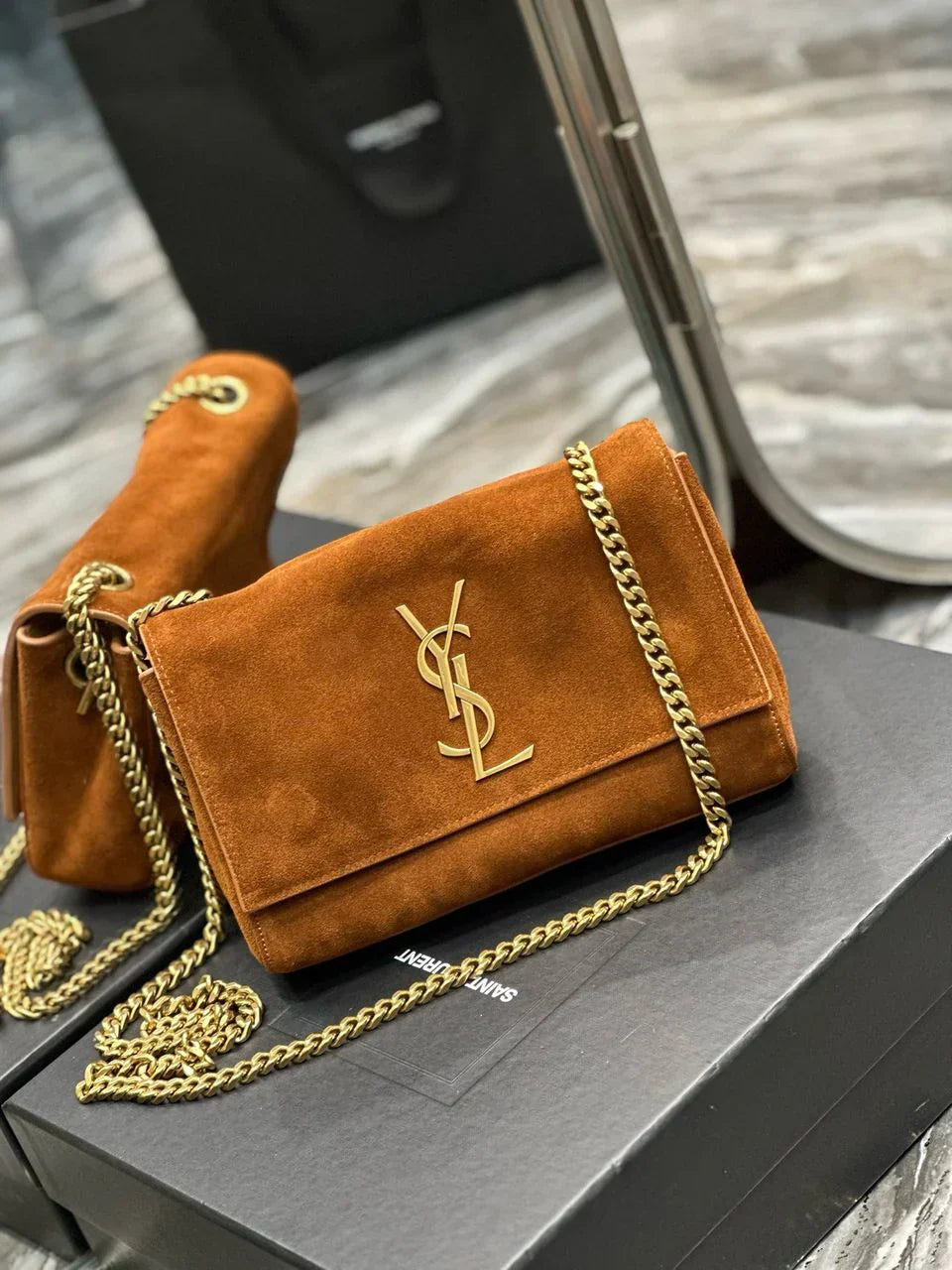 Flap Shoulder Bag in Tan Suede with Gold Chain and Tassel, image 4