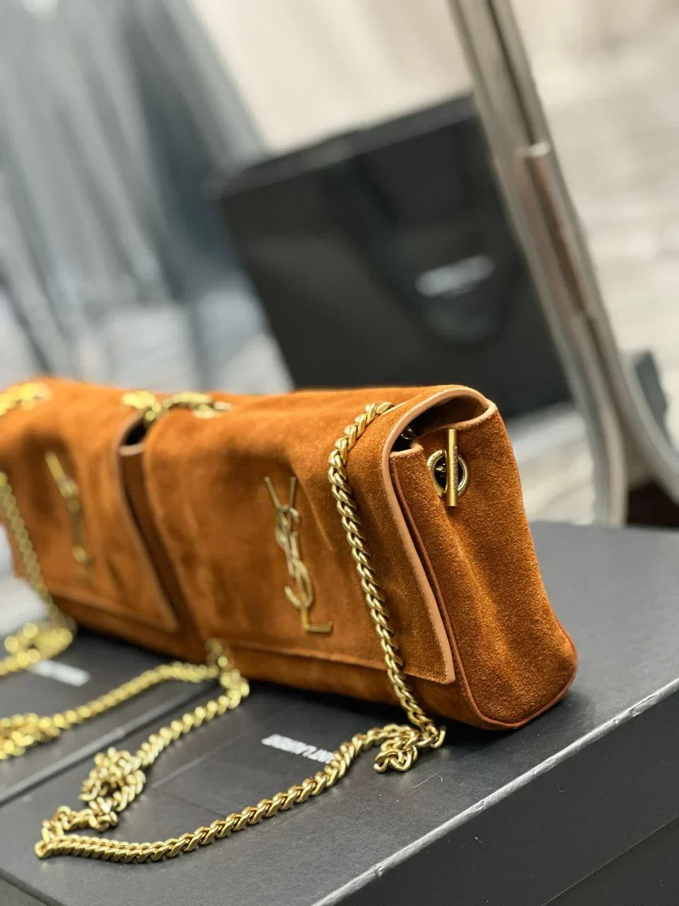 Flap Shoulder Bag in Tan Suede with Gold Chain and Tassel, image 3