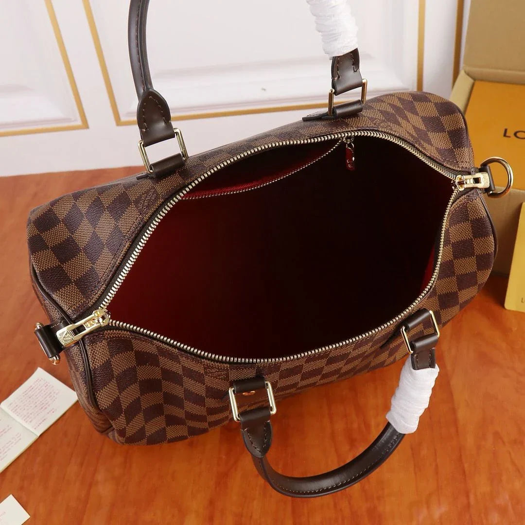 Barrel Duffel Bag in Brown Checkerboard Canvas with Strap, image 6