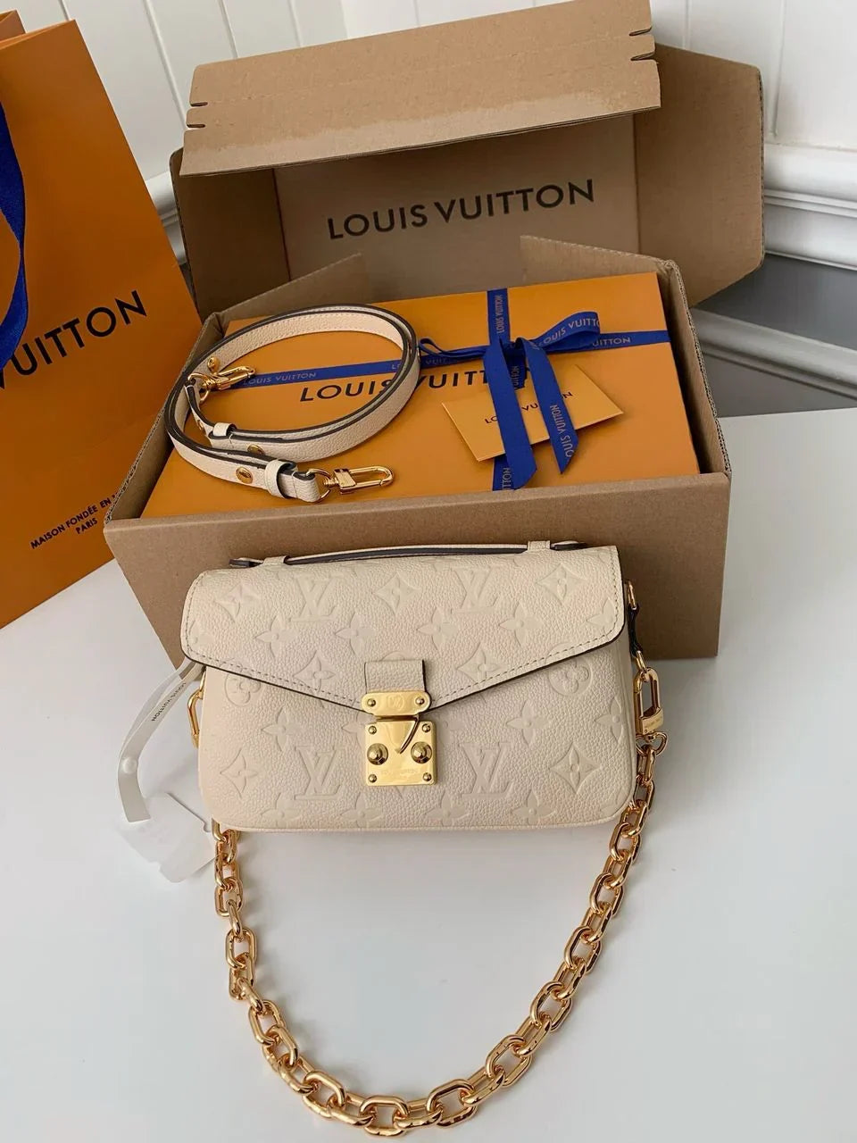 Long Flap Crossbody Bag in Ivory Embossed Leather with Gold Chain, image 3
