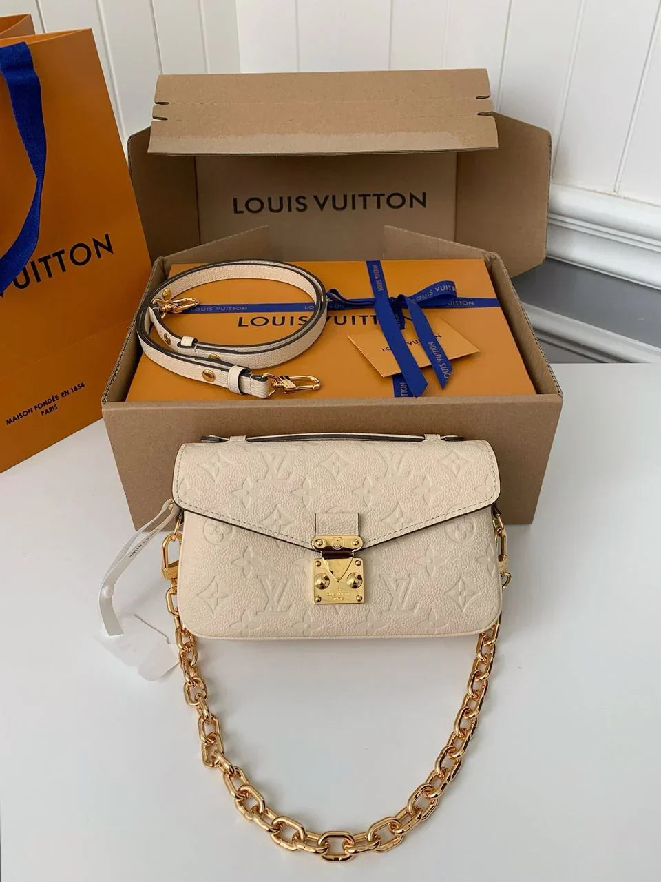 Long Flap Crossbody Bag in Ivory Embossed Leather with Gold Chain