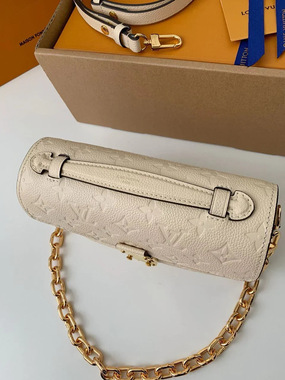 Long Flap Crossbody Bag in Ivory Embossed Leather with Gold Chain, image 4