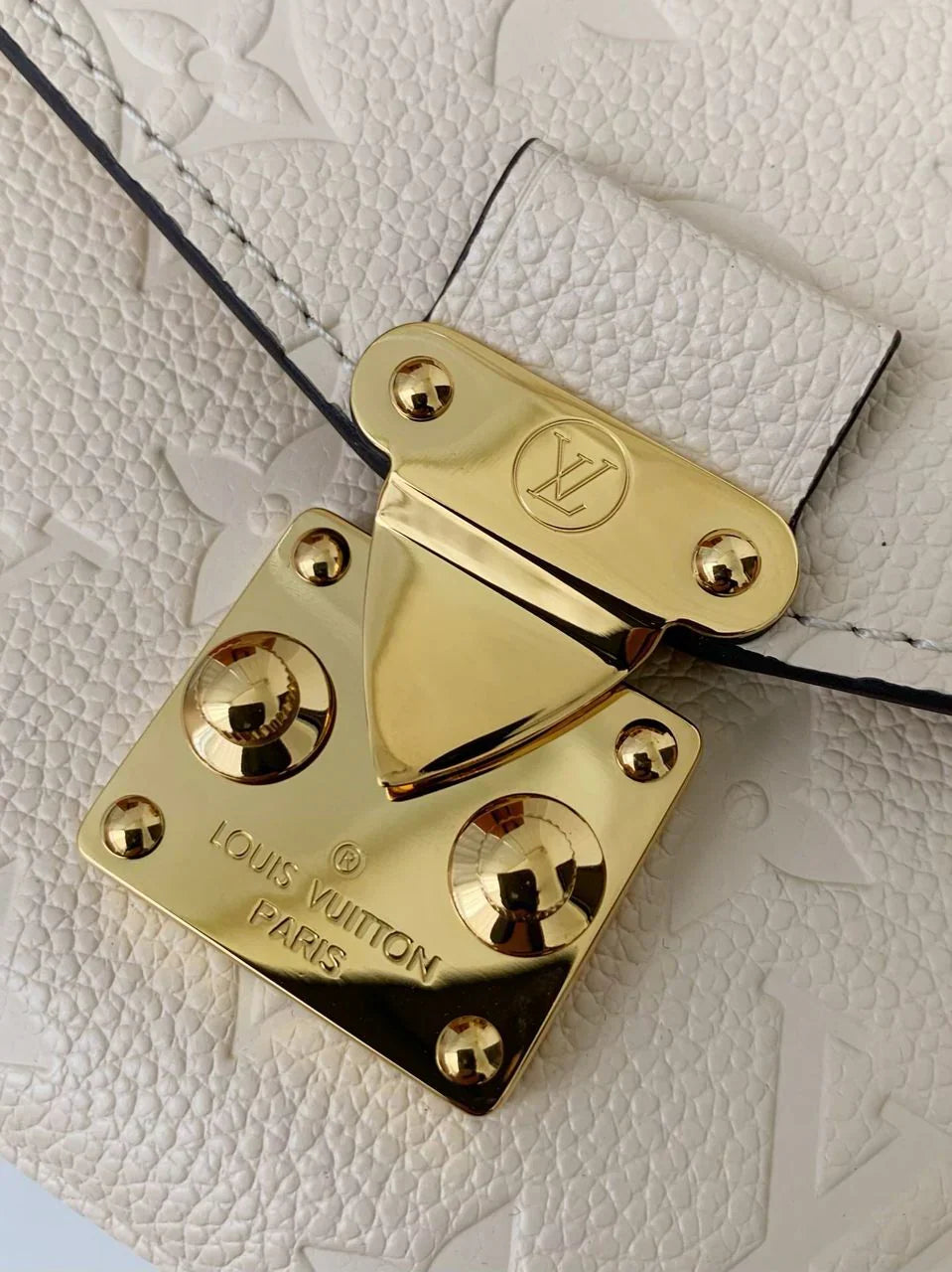 Long Flap Crossbody Bag in Ivory Embossed Leather with Gold Chain, image 9