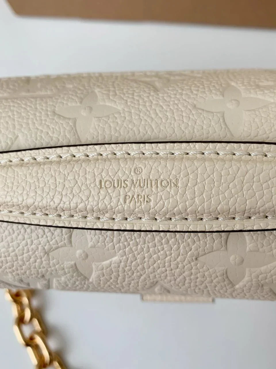 Long Flap Crossbody Bag in Ivory Embossed Leather with Gold Chain, image 8