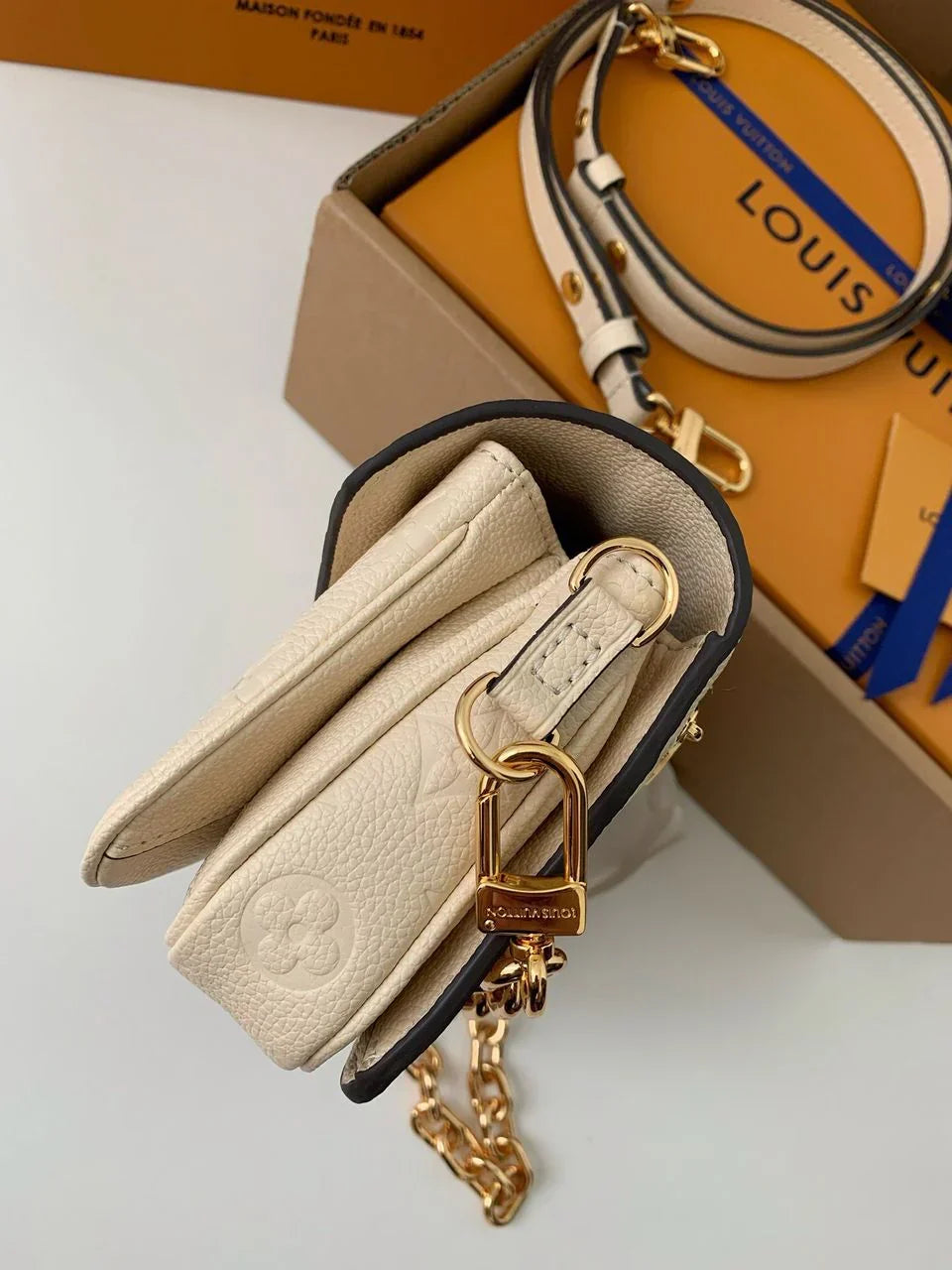 Long Flap Crossbody Bag in Ivory Embossed Leather with Gold Chain, image 6