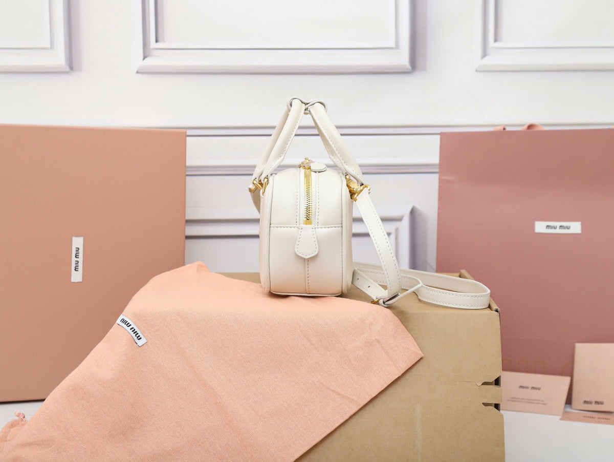 Mini Bowling Bag in Ivory Smooth Leather with Top Handles, image 3