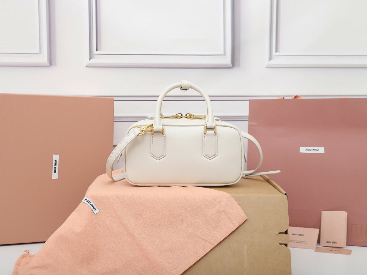 Mini Bowling Bag in Ivory Smooth Leather with Top Handles, image 4