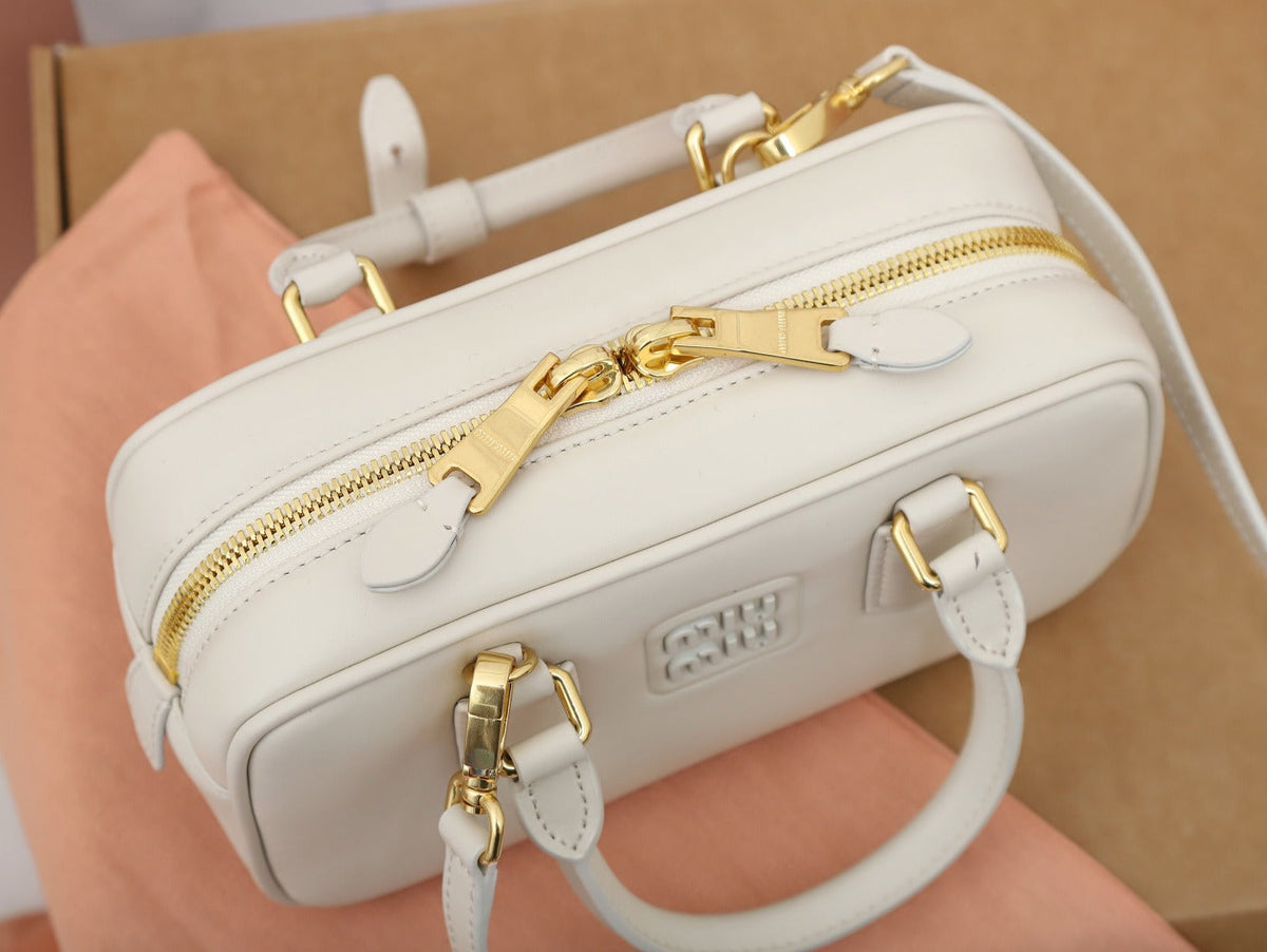 Mini Bowling Bag in Ivory Smooth Leather with Top Handles, image 7