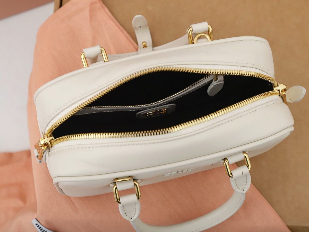 Mini Bowling Bag in Ivory Smooth Leather with Top Handles, image 9