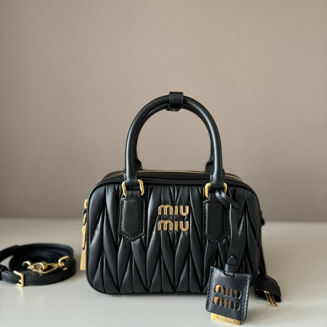Mini Bowling Bag in Black Quilted Leather with Gold Padlock, image 7