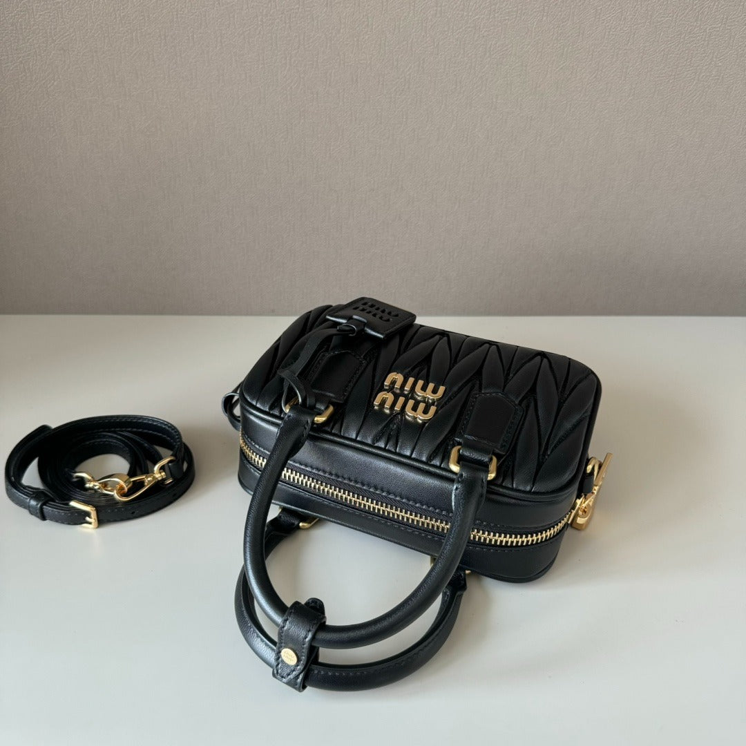 Mini Bowling Bag in Black Quilted Leather with Gold Padlock, image 5